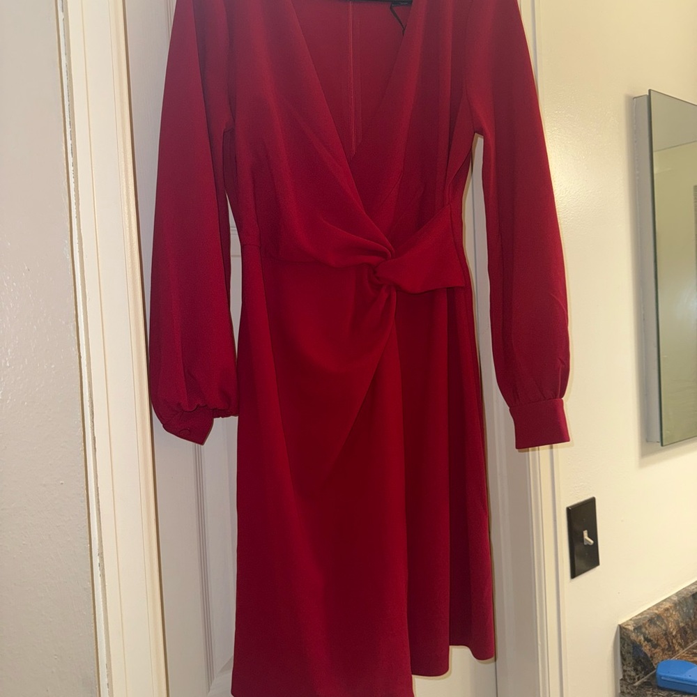 Elegant Red Wrap Dress with Long Balloon Sleeves